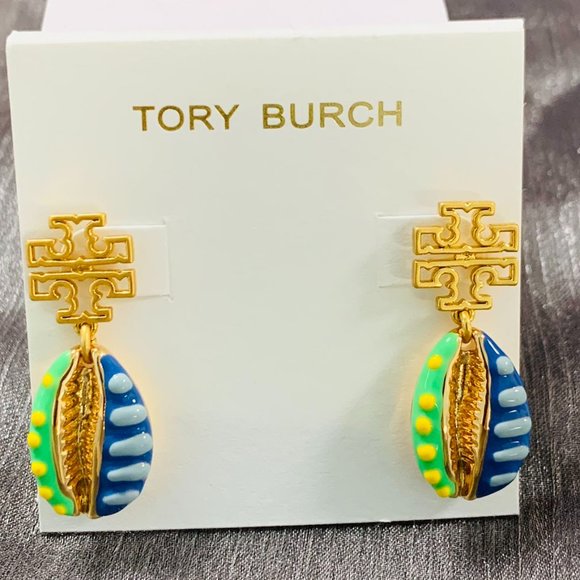 Tory Burch Earrings T Series Vintage Gold Hollowed logo Enamel Shell - Picture 1 of 15